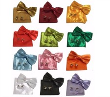 UK Men Satin pocket Square Handkerchief + bow tie + cufflinks 3pcs Set