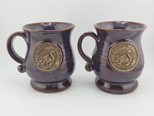 2 Studio Pottery Mugs Stoneware Abbotsbury Swannery Dorset Purple Glaze Rare