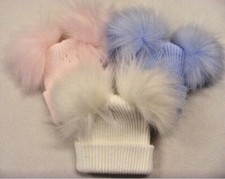  BABY GIRL BOY FAUX FUR 2 POM POM HAT WARM KNITTED DOUBLE BOBBLE PINK WHITE BLUE