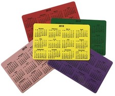 2026 Calendar on Coloured Rigid Plastic - Credit Card Size for Wallet / Purse