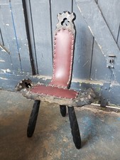 Retro Vintage Spanish Brutalist Wood Carved Birthing Chair - Tripod Seat - Black