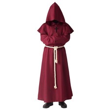 Halloween fancy dress Medieval Hooded Monk Priest Robe Costume, Burgundy, Small