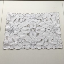 White & Grey Embroidered  Cutwork Tray Cloth 39.5 cm x 27 cm Vintage