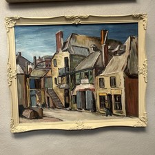 Vintage Naive Folk Art Oil Painting St Ives Cornwall Street Scene Ornate Frame 
