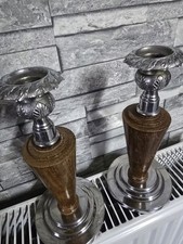 Vintage Art Deco Chrome And Wood  Candlesticks Candle Holders 21cm