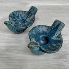 Pair 2 x Vintage Studio Pottery Blue Bird Candle Holders Greece VGC
