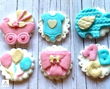 6 Edible Pink Blue Baby Shower Reveal Fondant Cake Toppers, Baby Shower, Twins