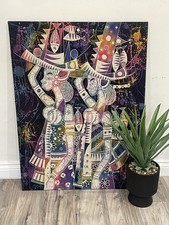 Vintage Large Stretched Framed African Batik Picture Tribal Ethnic Wall Art