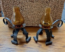 Stunning Gothic Hand Made Vintage/Antique  Candle Holders Amber Glass Shades