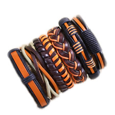Mens Vintage Retro Orange Bracelets Set Leather Wrap Braided Wristband Bangle
