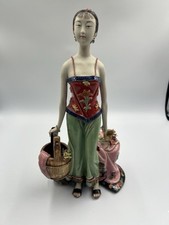Vintage Chinese Wucai Woman Figurine Porcelain Shi Wan Lady Bucket Shower Water