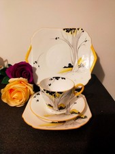 Shelley Oxford shape  Tall Tree Print , Yellow Enamelling Trio plus cake plate