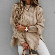 Women Chunky Knitted Sweaters Ladies Long Sleeve Winter Baggy Plain Jumper Tops
