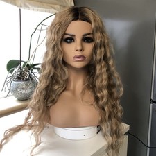 Front Lace Full Wig 30 Inch Long Synthetic Cosplay Anime Beige Blonde Roots 1s