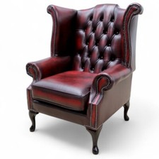 Chesterfield Queen Anne High Back Wing Chair Real Leather Antique  Oxblood Red