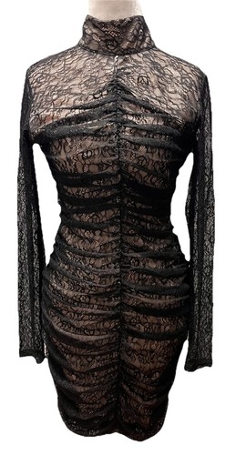 Black lace naked dress - dress, ruched