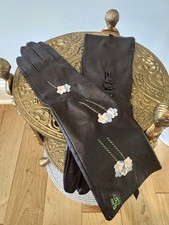 Lulu Guiness 90s Brown Leather & Silk Long Gloves w/Flowers Buttons EUC Sz Med