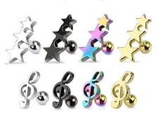 New Ear Cartilage Earring Tragus Bar 316L Surgical Steel Stars or Treble Clef