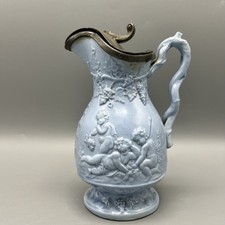Victorian Relief Moulded Blue Jug Pewter Lid Cherubs & Grapes 6 inches Unmarked