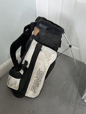 VINTAGE PING HOOFER GOLF CARRY STAND BAG, 4-WAY, DUEL STRAPS, BLACK & WHITE.