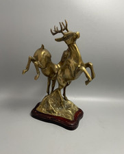 Vintage Brass Figure of Stag & Deer / Buck & Doe On Wooden Plinth made in Korea