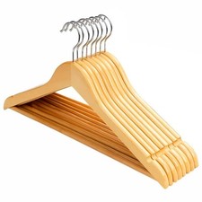 8 x Wooden Coat Hangers with Trouser Bar Shoulder Notches for Clothes Garments