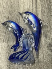 Hand Blown Murano Style Art Glass Vintage Leaping Dolphins Cobalt Blue Clear