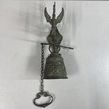 Vintage Angel Monastery Church Bell Cast Brass Wall Hanging Pull Chain Latin