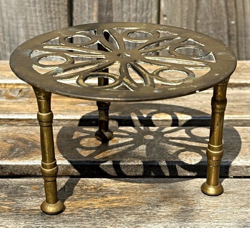 Vintage round brass trivet - vintage,