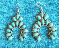 Western Natural Turquoise Stone Squash Blossom Earrings Handmade Boho Jewelry