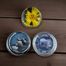 Set of 3 Vintage Paperweights – Sharon Jervis, Daphne Pain Puffins, Floral Resin