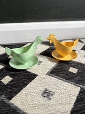 Vintage Chicken Hen Yellow Green Egg Cups Set Of Two Plastic German 