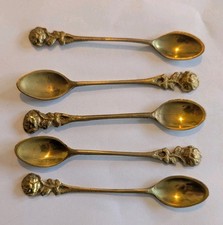 Vintage Brass Demitasse Spoons X 5 Rose Pattern 4 Inches