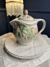 Vintage Majolica Style Water Lily Teapot Ceramic Basket Weave Floral 20cm