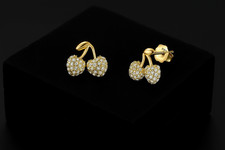 9ct Yellow Gold Cherry Stud Earrings with Hand Set Pave Zircon  10 mm