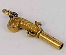 Antique yellow metal flintlock pistol pocket watch key winder fob one inch long
