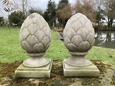 AGED RECONSTITUTED STONE GARDEN PAIR OF ARTICHOKE ACORN  GATE POST FINIALS