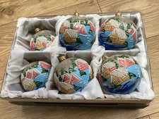 6 Large Vintage Delicate Glass Hand Painted Christmas Baubles Boxed