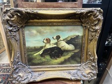 A charming large vintage Antique oleograph of a 19th century oil painting 3 Dogs