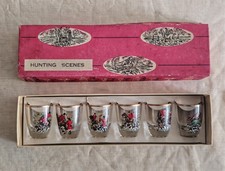 Vintage Set of 6 Shot Glasses with Hunting Scene Designs Original Box Mid-Centur