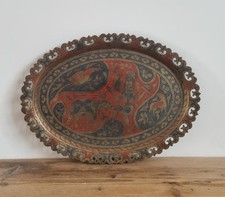 Vintage Brass Tray Blue & Red