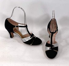 Flapper T-Strap Evening Heels 20s Black Velvet VTG Shoes Silver Lightning Bolts