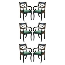 SIX VINTAGE ENGLISH REGENCY EBONISED SABRE LEG GREEN VELVET DINING CHAIRS 6