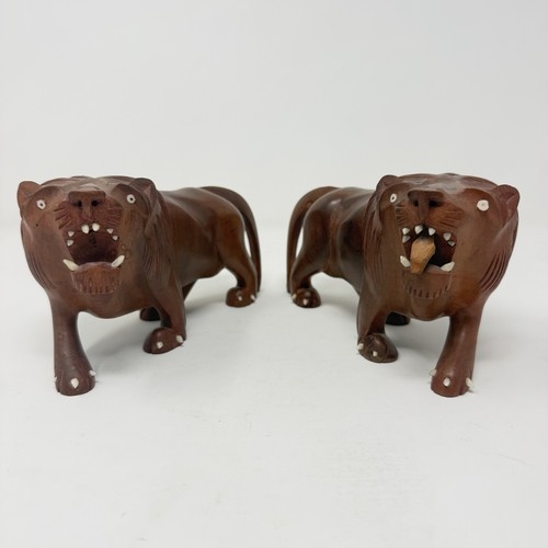 Pair vintage wooden lions - wooden,