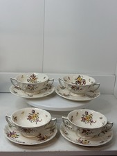 Royal Doulton Old Leeds Spray Set of Four Double Handled Soup Bowls with Saucers