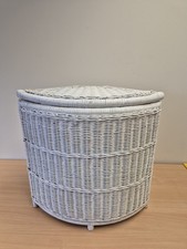 Vintage Wicker Cane Bamboo Corner Laundry Basket with Lid White