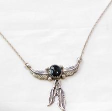 Vintage Native American Sterling Silver Black Onyx Feather Necklace N560