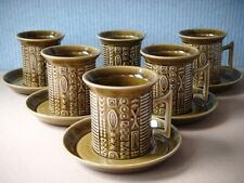 6 Vintage Cups & Saucers, Portmeirion, Cypher, Susan Williams-Ellis, Olive Green
