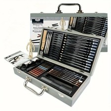 60 Piece Artist Deluxe Sketching & Drawing Pencil Charcoal Set Art Wooden Box UK
