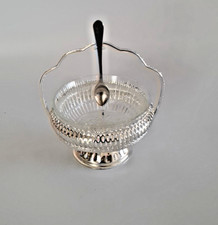 Vintage Silver Plated & Glass Sugar Jam Condiment Bowl & Spoon Set 50s 60s Retro